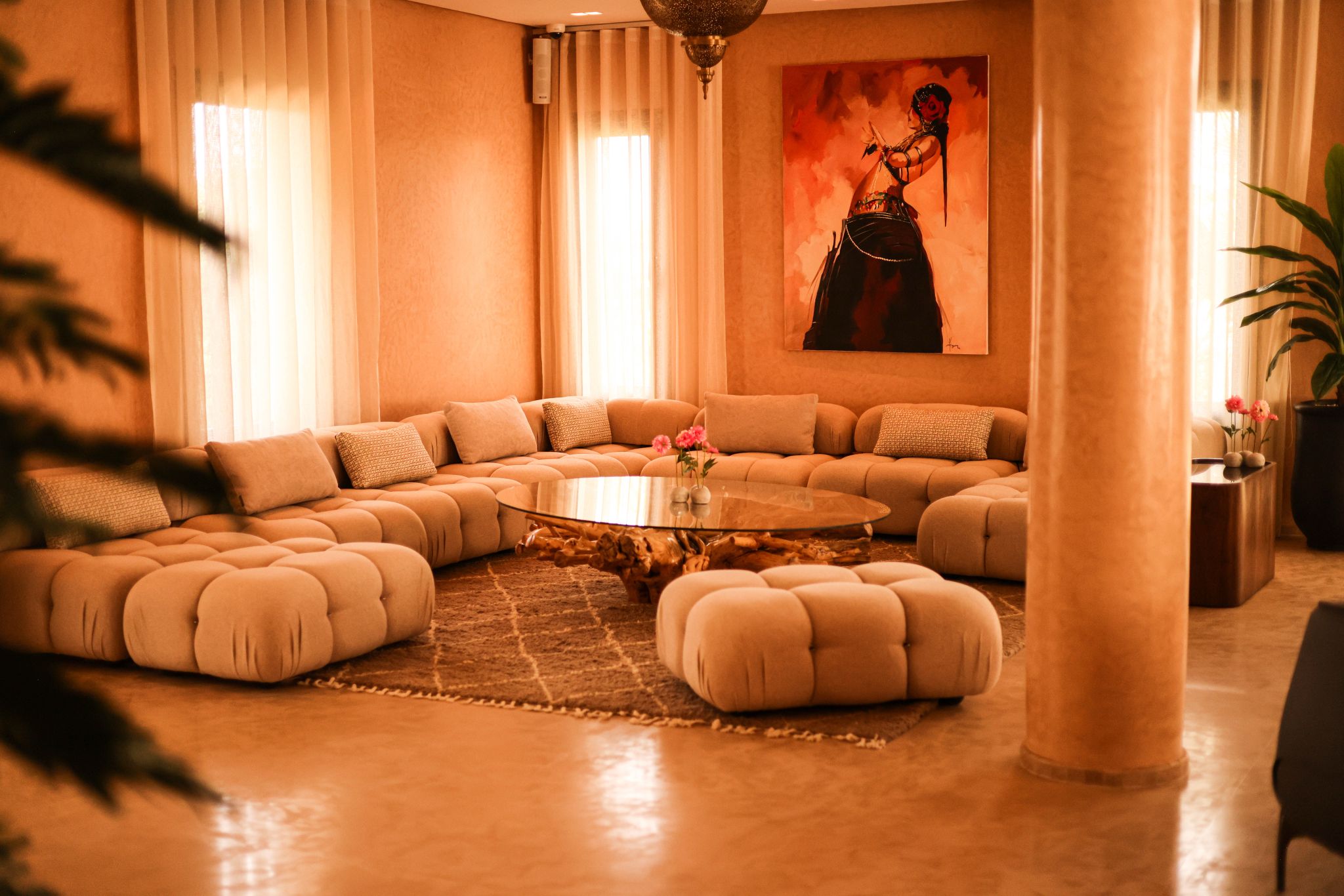 Warm Moroccan lounge with sofas